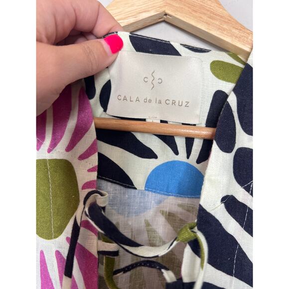 NEW Cala de la Cruz Turin Linen Bell Sleeve Floral Mini Dress Multi Color Size:L - Picture 4 of 8